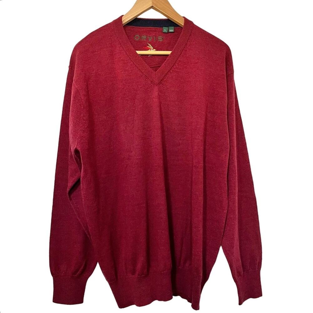 Orvis Mens V Neck Merino Wool Sweater Size L Burgundy Preppy Grandpa Layers
